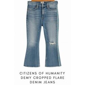 Citizens of Humanity Demy Cropped Flare Jeans Floral Trim Distressed Denim 32